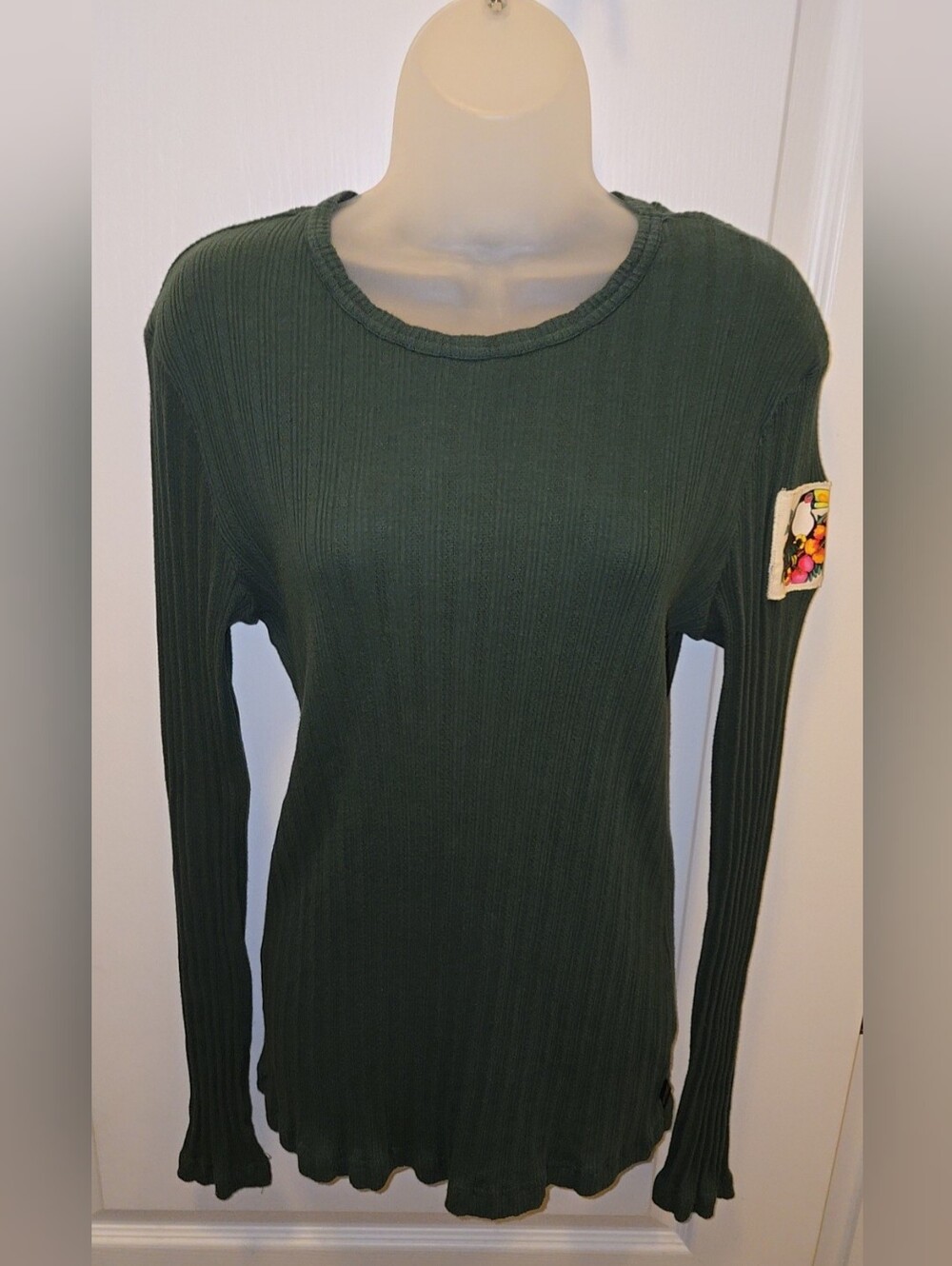 Just Cavalli Dark Green Ribbed Long Sleeve Top with Tropical Toucan Patch VTG